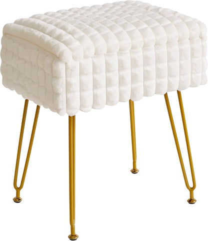 Rectangle Vanity Chair with Storage Space, Footrest Footstool Ottoman, Vanity Stool, Dressing Table Chair, with Anti-Slip Feet, for Makeup Room, Bedroom, Square Grid Pattern, White WBD004W