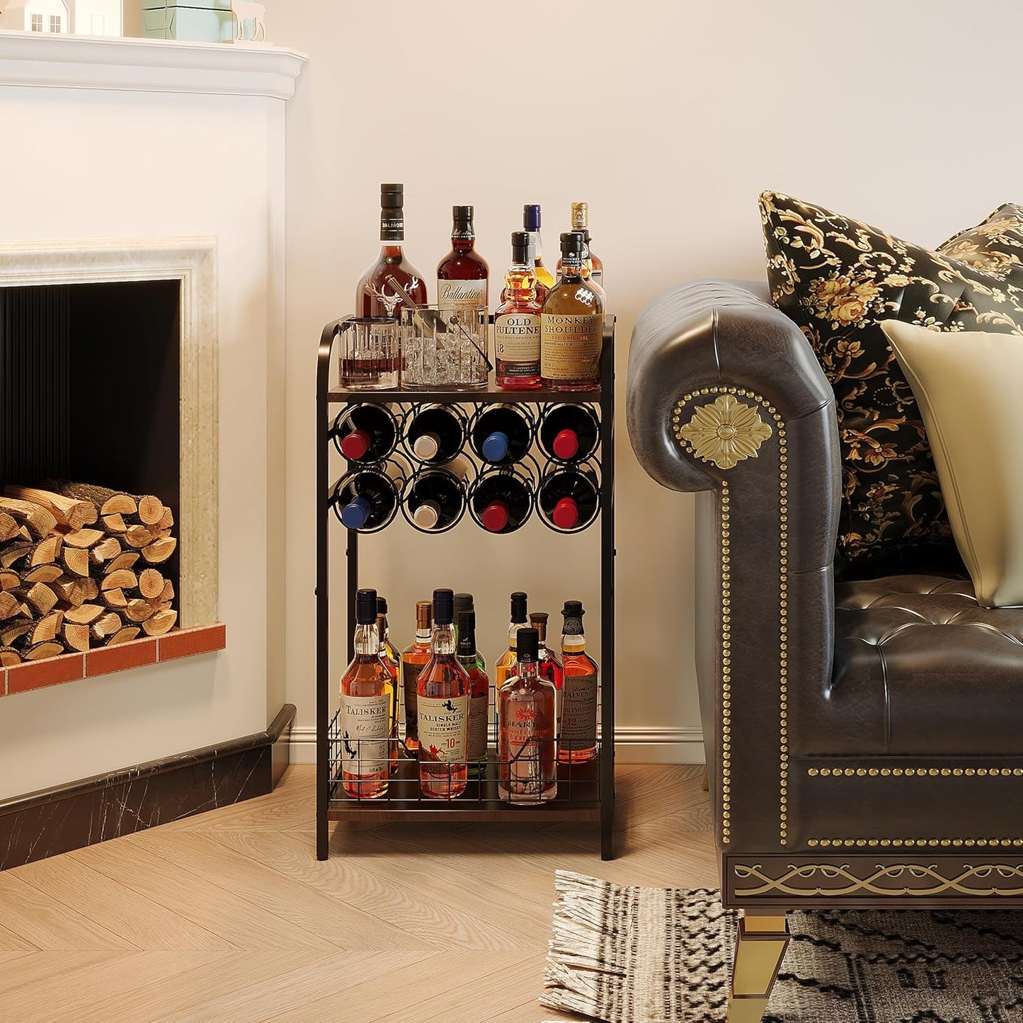 3-Tier Wine Rack Freestanding Floor Cabinet Corner Bar Cabinet Bar Cart,12 Individual Wine Storage Bottle Compartments Corner Bar Cabinet Holder (3-Tier Wine Rack 07)