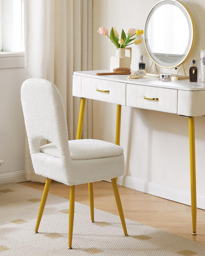 Small Storage Vanity Stool with Folding Backrest, 12.99" x 13.78" x 31.5" Square Teddy Velvet Ottoman, Makeup Chair for Living Room, 4 Metal Legs with Anti-Slip Feet, White WBD027W