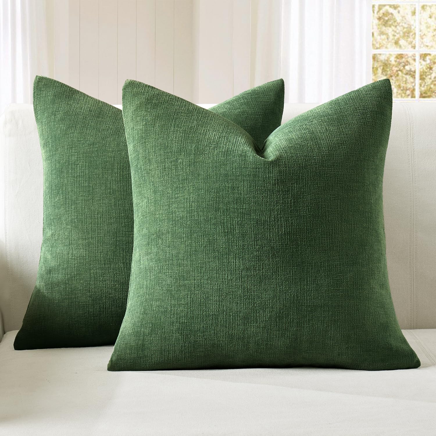 Olive Green Couch Pillow Covers 18x18 Inch, Set of 2 Soft Chenille Decorative Square Throw Pillow Covers Farmhouse for Sofa Living Room Bed