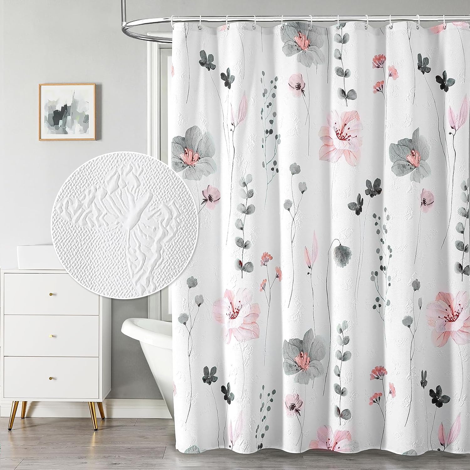 Watercolor Floral Shower Curtain, 3D Embossed Butterflies Grey Beige Flower Bathroom Curtains, Minimalist White Cloth Bath Curtain, Waterproof Fabric Textured Shower Curtain Set with Hooks, 72x72