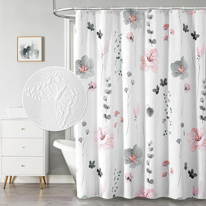 Watercolor Floral Shower Curtain, 3D Embossed Butterflies Grey Beige Flower Bathroom Curtains, Minimalist White Cloth Bath Curtain, Waterproof Fabric Textured Shower Curtain Set with Hooks, 72x72
