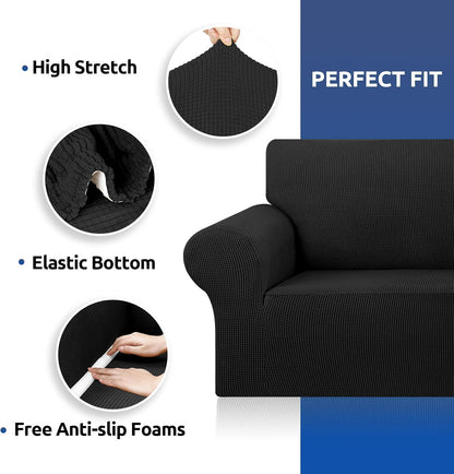 Stretch Sofa Cover Slipcover ，Couch Covers for 3 Cushion Couch Sofa pet Friendly (78"-94") Furniture Protector Sofa with Elastic Bottom for Kids,Dog, Jacquard Small Checked(Large,Black)