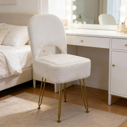 New Upgrade Small Vanity Chair with Storage and Folding Back, White Vanity Stool wiht Ergonomic Backrest and Metal Legs, Furry Padded Ottoman for Makeup Room, Bedroom