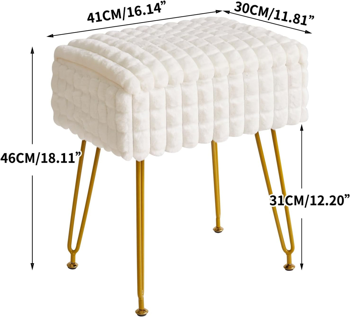 Rectangle Vanity Chair with Storage Space, Footrest Footstool Ottoman, Vanity Stool, Dressing Table Chair, with Anti-Slip Feet, for Makeup Room, Bedroom, Square Grid Pattern, White WBD004W