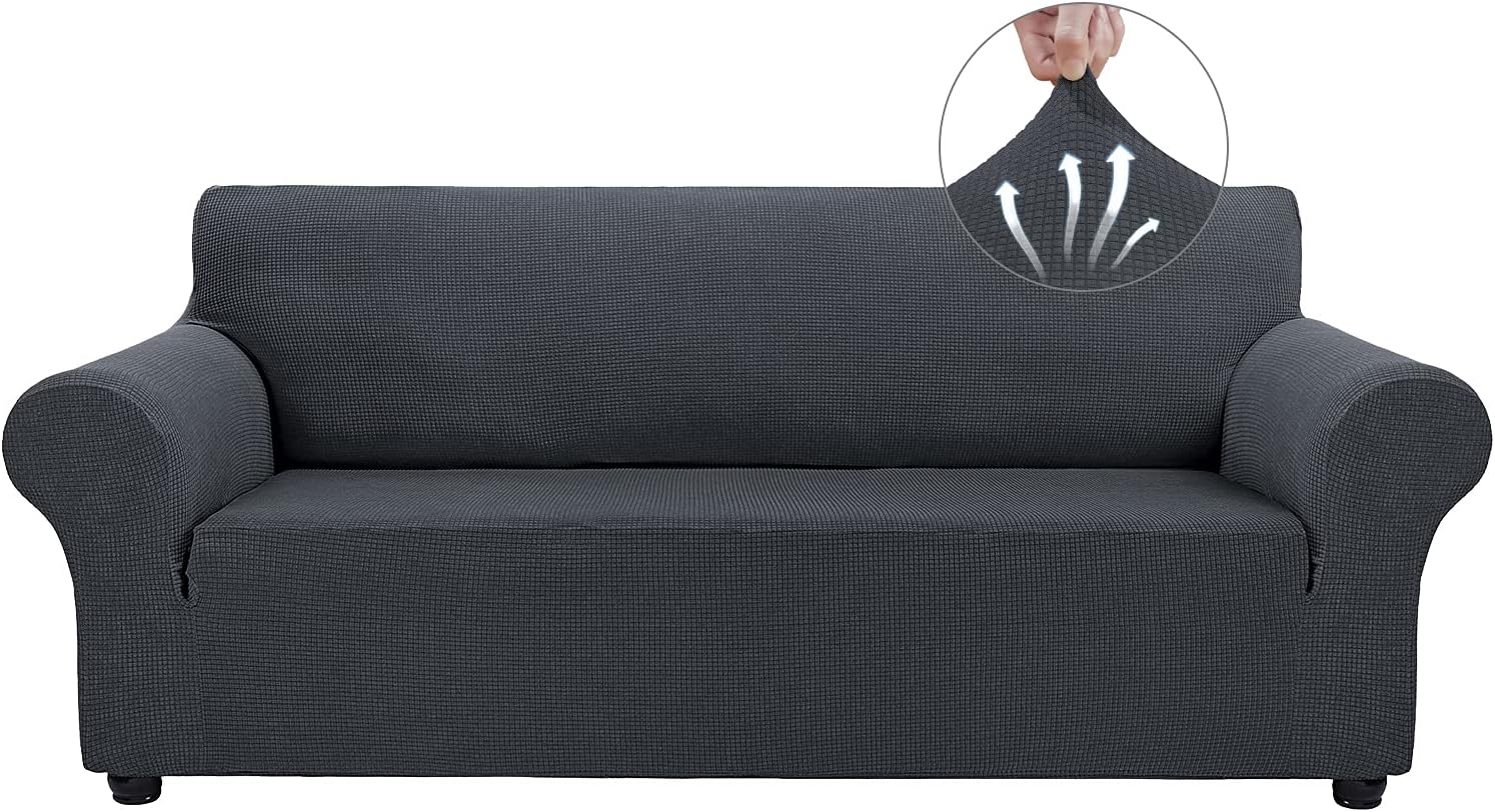 Couch Covers for 3 Cushion Couch Sofa Pet Friendly, 3 Seater Sofa Cover Washable Slipcovers Protector Furniture Covers for Dogs Spandex Jacquard Fabric Small Checks（Large，Black）