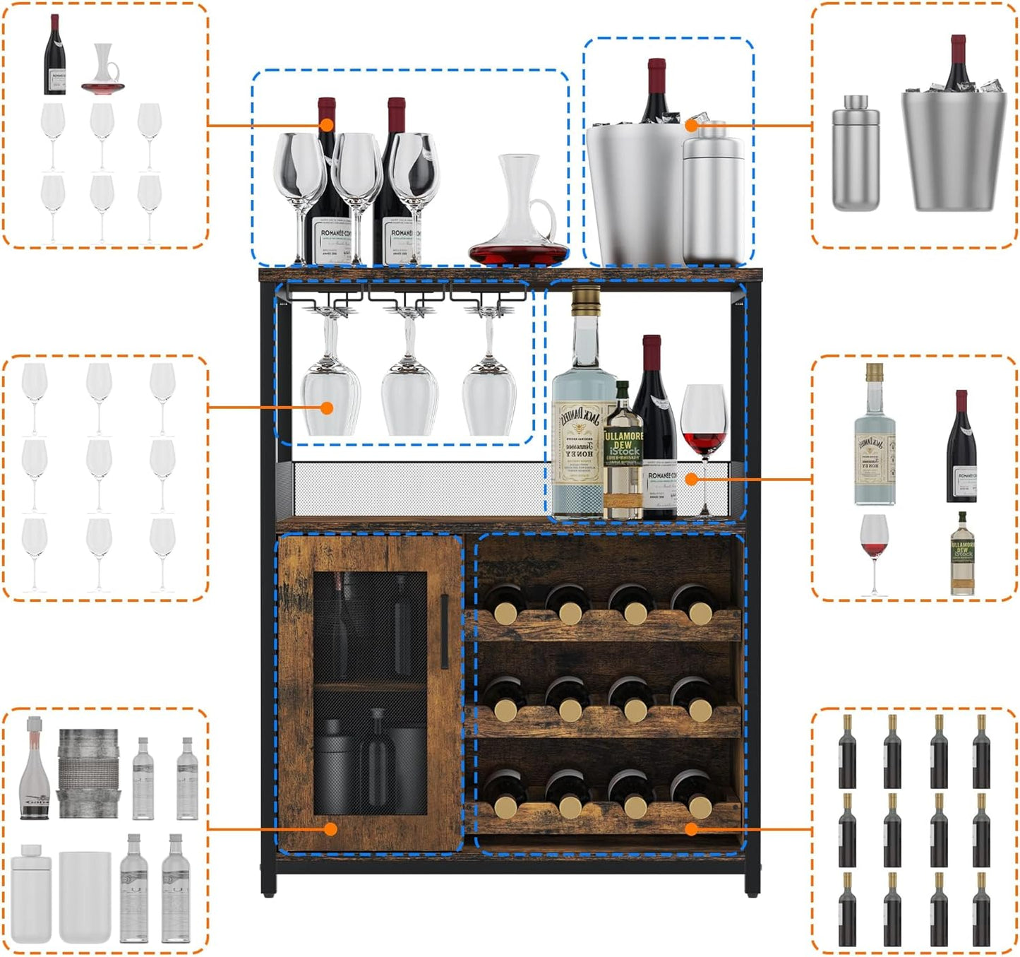 3-Tier Wine Bar Cabinet with Detachable Wine Rack and Storage Space, Buffet Cabinet with Glass Holder and Mesh Door, for Kitchen, Living Room and Bar .Rustic Brown.