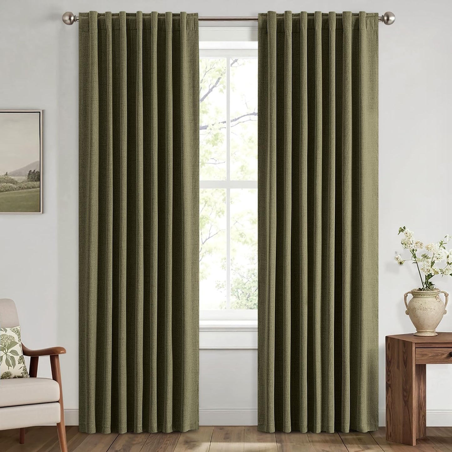 100% Blackout Linen Curtains for Bedroom, Ivory Solid Luxury Decor Thermal Insulation Room Darkening Drapes for Living Room Nursery Back Tab Rod Pocket 42 x 84 Inches, 2 Panels