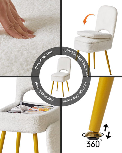 Small Storage Vanity Stool with Folding Backrest, 12.99" x 13.78" x 31.5" Square Teddy Velvet Ottoman, Makeup Chair for Living Room, 4 Metal Legs with Anti-Slip Feet, White WBD027W