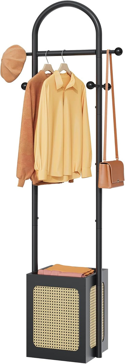 Coat Rack Stand with Wooden Base, Coat Tree Rattan Design, Coat Hanger Stand with 6 Hooks, Small Clothes Rack for Living Room, Bedroom, Office, Black