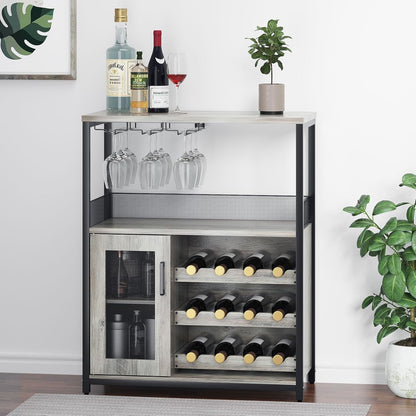 GAOMON Coffee Wine Bar Cabinet with Storage and Detachable Rack, Farmhouse Sideboard and Buffet Cabinet with Glass Holder and Mesh Door, Liquor Coffee Bar Cupboard, Black