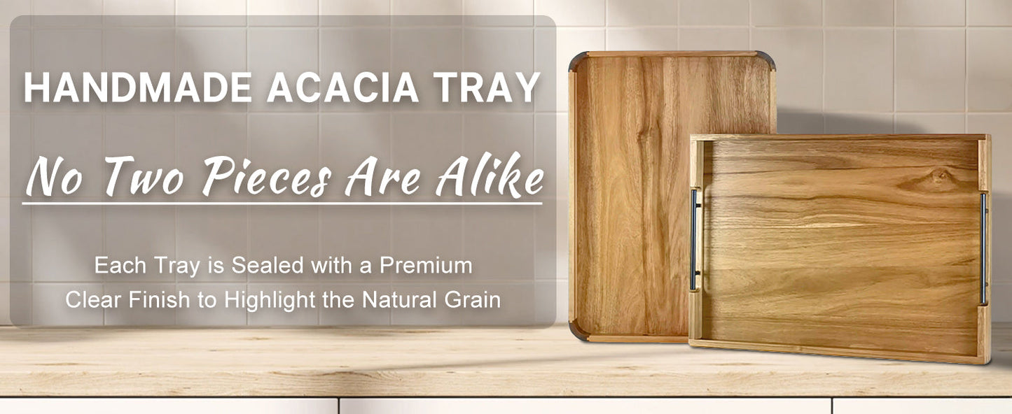 22 Inches Acacia Wood Serving Tray with Metal Handles, Large Wooden Rectangle Ottoman Tray, Decorative and Durable Design for Living Room Coffee Table Couch Kitchen