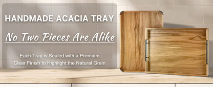 22 Inches Acacia Wood Serving Tray with Metal Handles, Large Wooden Rectangle Ottoman Tray, Decorative and Durable Design for Living Room Coffee Table Couch Kitchen