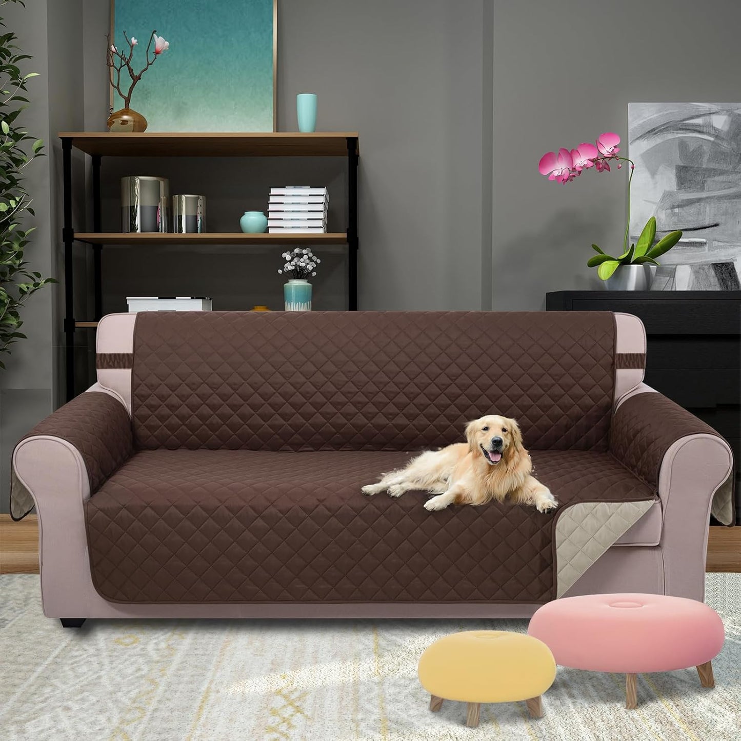 Reversible Sofa Cover Washable Couch Cover for Dogs Friendly with Elastic Straps Water Repellent Furniture Protector for 3 Cushion Couch (Sofa, Coffee/Beige)