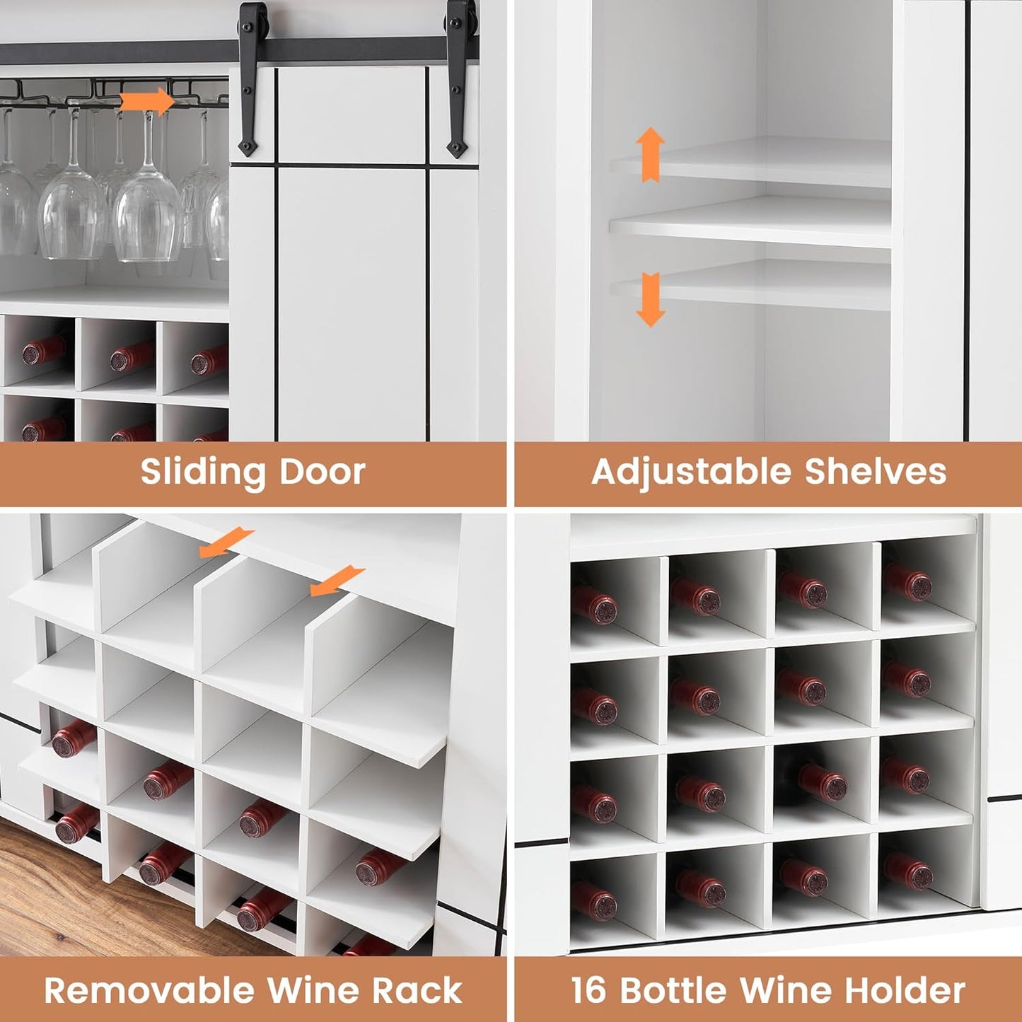 GAOMON Farmhouse Coffee Bar Cabinet 47", Buffet Cabinet with Sliding Barn Door, Coffee Bar with 4 Glass Hooks and 16 Wine Racks for Kitchen, Dining and Living Room, White