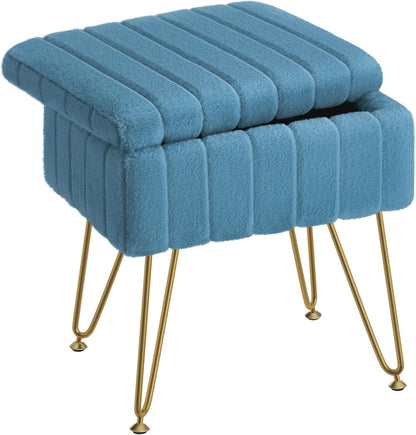 Vanity Stool Chair Faux Fur with Storage, 15.7"L x 11.8"W x 19.4"H Soft Ottoman 4 Metal Legs with Anti-Slip Feet, Furry Padded Seat, Modern Multifunctional Chairs for Makeup, Bedroom White