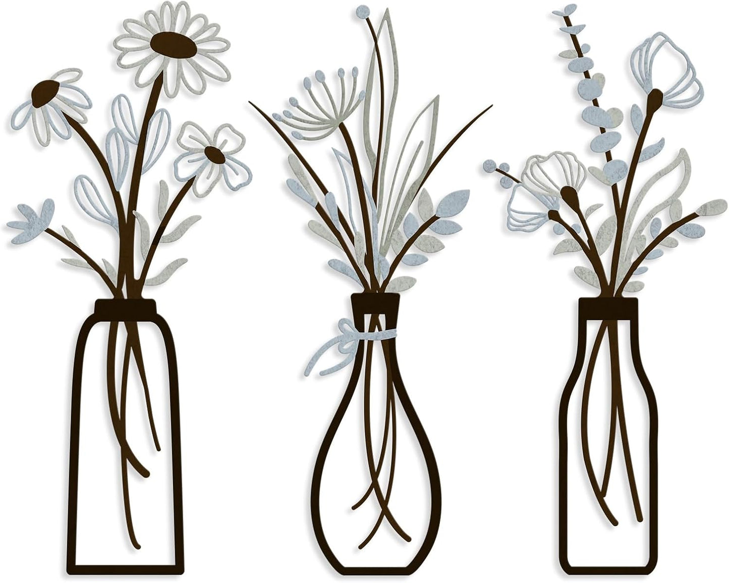 3 Pieces Metal Flowers Wall Arts - Rustic Farmhouse Decor Black Minimalist Flower Wall Decors for Living room Bathroom Bedroom Dining Room - Housewarming Gifts(Black, Vase-C)