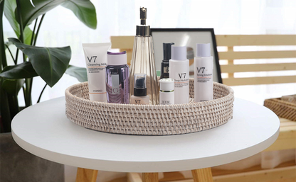 13.8 inch Round Rattan Tray, Decorative Coffee Table Tray, Ottoman Tray, Woven Serving Tray with Handles, Wicker Serving Basket, Whitewash