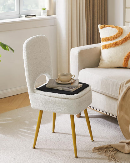 Small Storage Vanity Stool with Folding Backrest, 12.99" x 13.78" x 31.5" Square Teddy Velvet Ottoman, Makeup Chair for Living Room, 4 Metal Legs with Anti-Slip Feet, White WBD027W