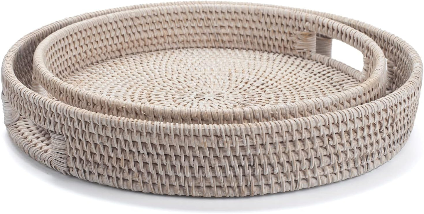 13.8 inch Round Rattan Tray, Decorative Coffee Table Tray, Ottoman Tray, Woven Serving Tray with Handles, Wicker Serving Basket, Whitewash