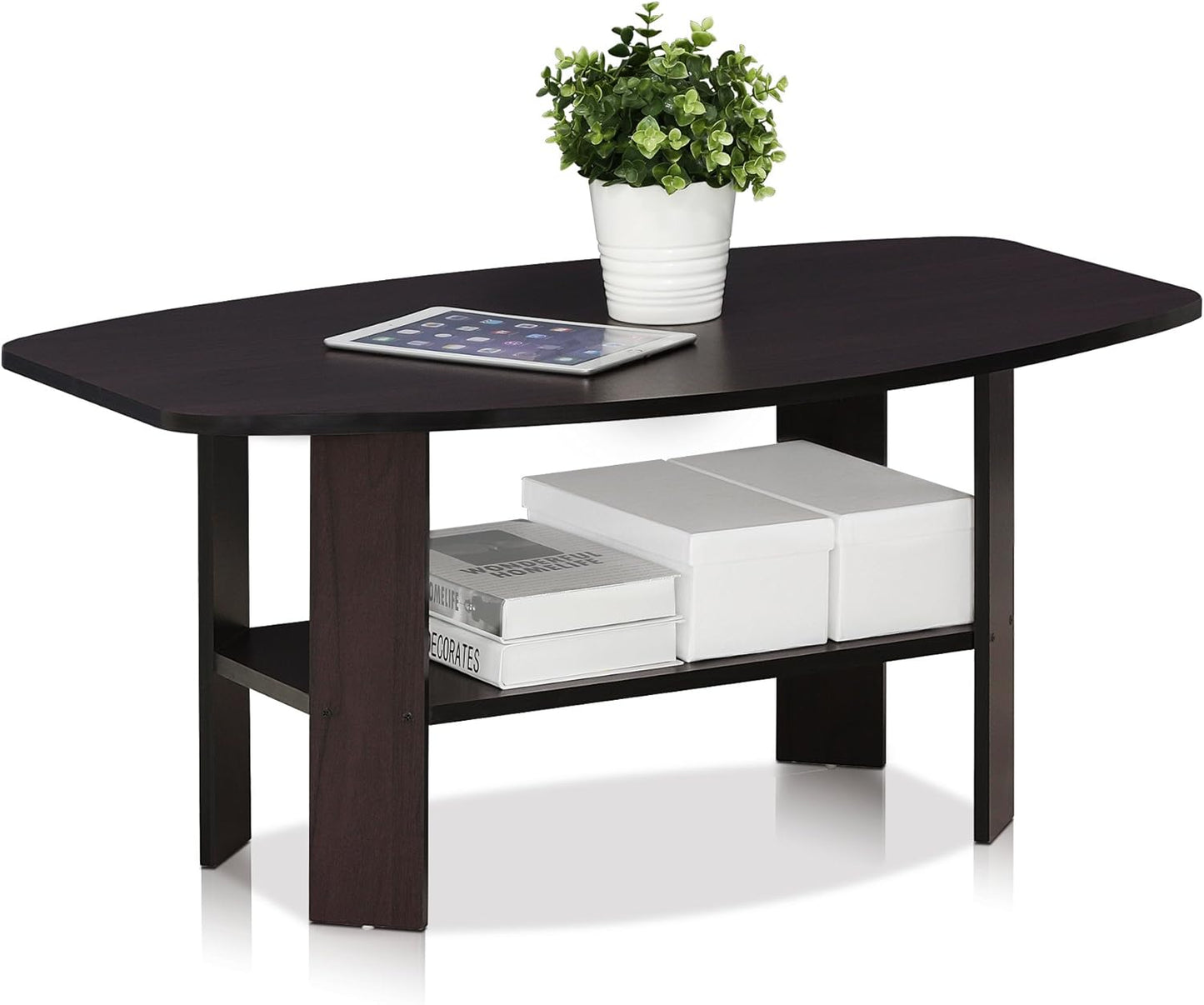 Furinno Basic Coffee Table, 2-Tier Modern Coffee Table with Open Shelf, Easy Assembly Side Table, for Living Room, Bedroom, Home Office, Amber Oak