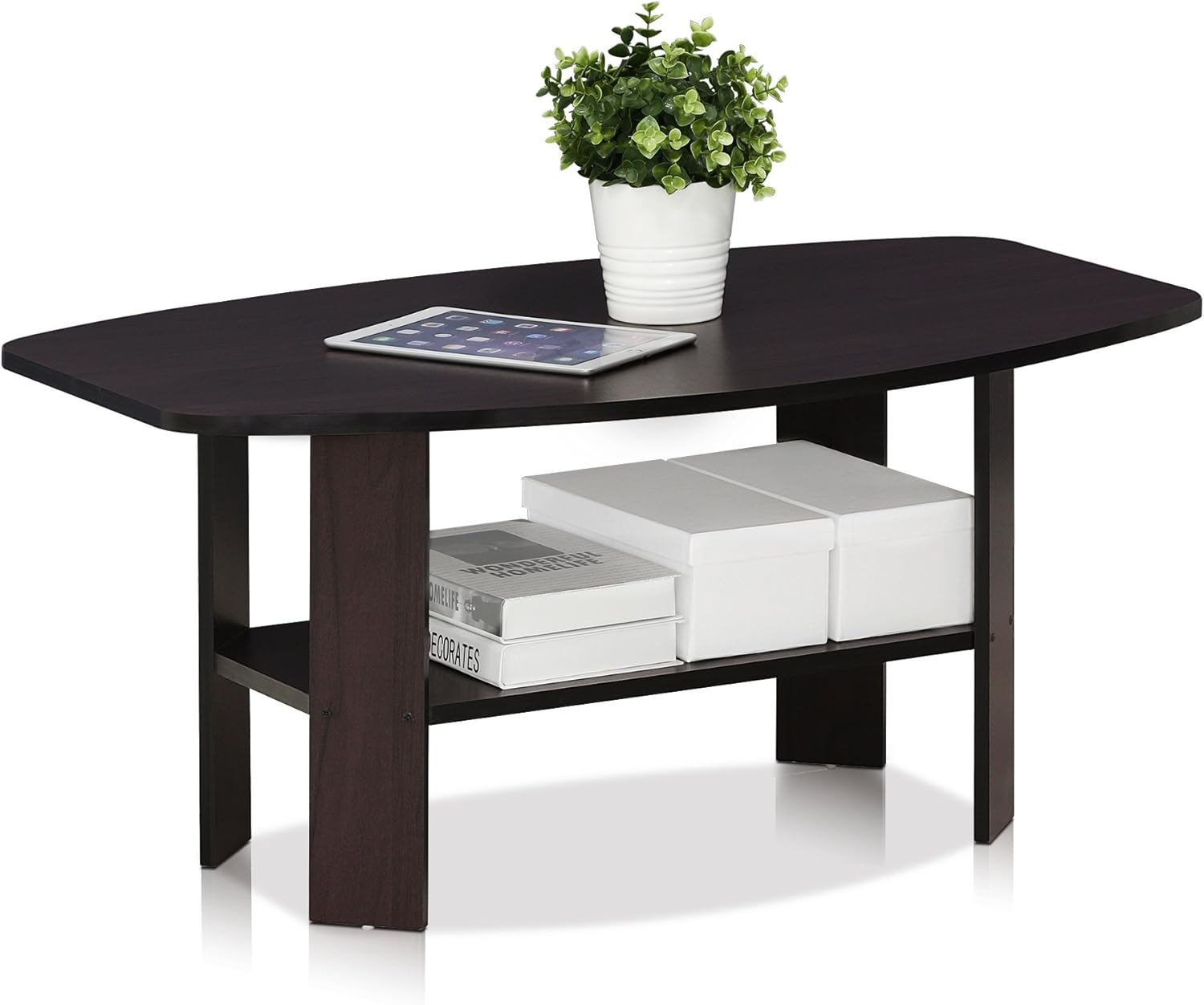 Furinno Basic Coffee Table, 2-Tier Modern Coffee Table with Open Shelf, Easy Assembly Side Table, for Living Room, Bedroom, Home Office, Amber Oak
