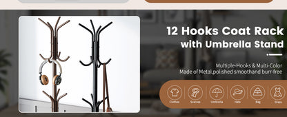 Coat Rack Freestanding Coat Tree Standing Coat and Hat Hanger Jacket Organizer Rack Metal,18.3" L x 18.3" W x 71.5" H, Black