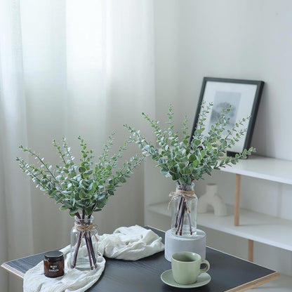 17.5" Artificial Eucalyptus Stems in Glass Vase with Faux Water,Fake Plant Eucalyptus Leaves White Seeds for Centerpiece Table Decorations Farmhouse Wedding Home Greenery Decor (Sage Green)