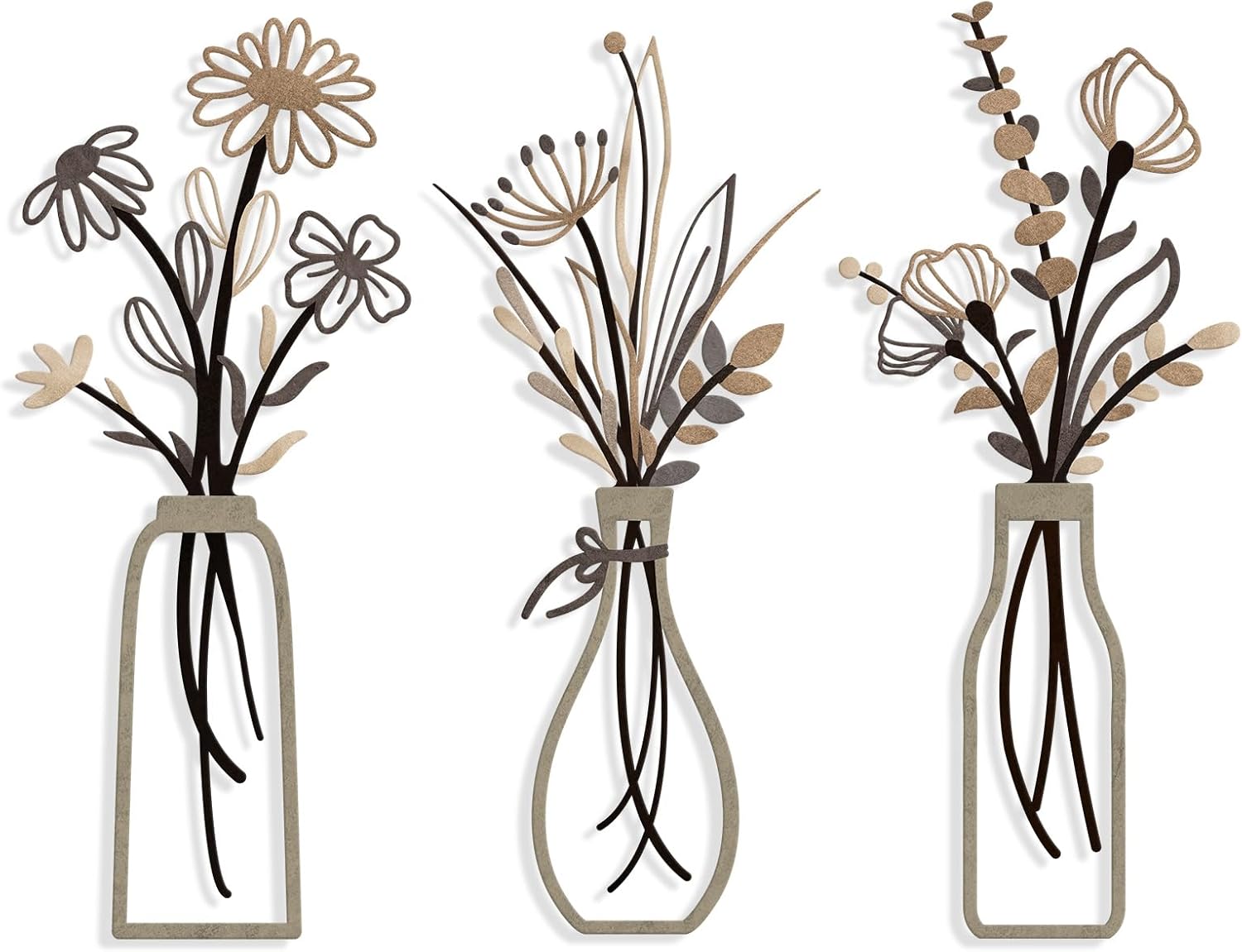 3 Pieces Metal Flowers Wall Arts - Rustic Farmhouse Decor Black Minimalist Flower Wall Decors for Living room Bathroom Bedroom Dining Room - Housewarming Gifts(Black, Vase-C)