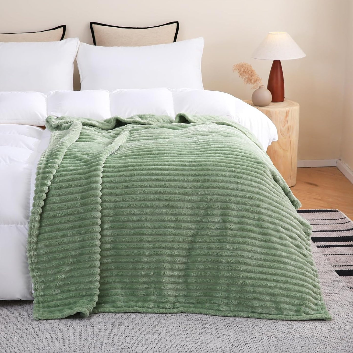 Sage Green Fleece Throw Blanket 50”×60” for Couch Sofa Bed,Super Soft Cozy Plush Microfiber Flannel Blanket with Stripes Design Lightweight for Adults,Woman,Girls