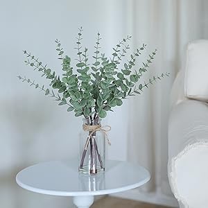 17.5" Artificial Eucalyptus Stems in Glass Vase with Faux Water,Fake Plant Eucalyptus Leaves White Seeds for Centerpiece Table Decorations Farmhouse Wedding Home Greenery Decor (Sage Green)