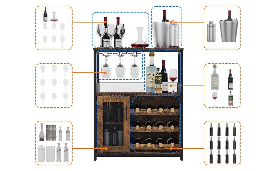 3-Tier Wine Bar Cabinet with Detachable Wine Rack and Storage Space, Buffet Cabinet with Glass Holder and Mesh Door, for Kitchen, Living Room and Bar .Rustic Brown.