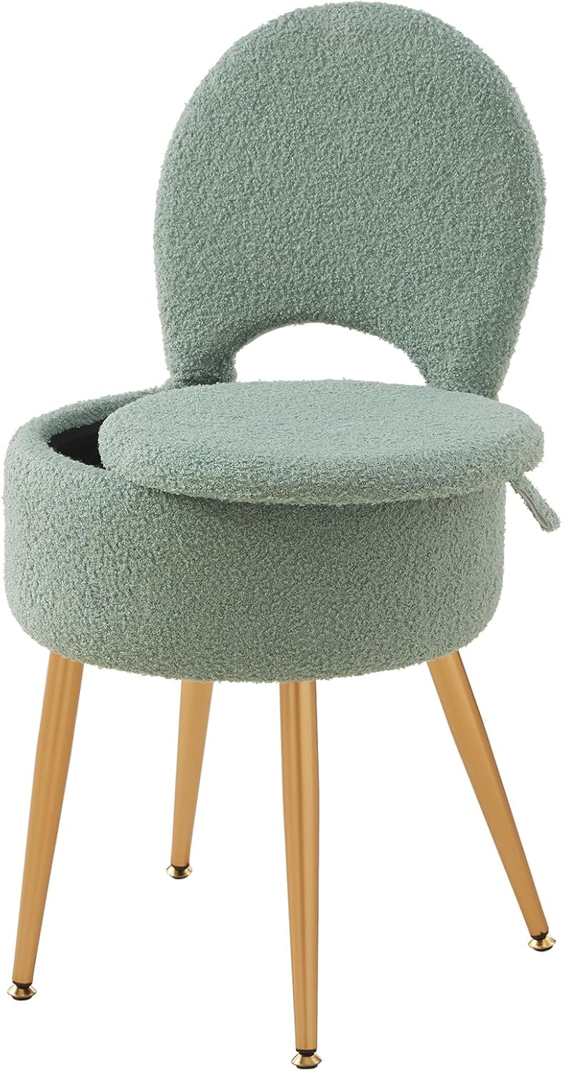 Small Vanity Stool Chair with Storage and Folding Back,4 Metal Legs with Anti-Slip Feet,Round Ottoman with Velvet Seat, Furry Padded Seat for Makeup, Bedroom (Black, Small)
