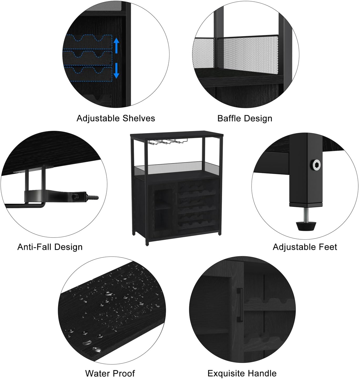 GAOMON Coffee Wine Bar Cabinet with Storage and Detachable Rack, Farmhouse Sideboard and Buffet Cabinet with Glass Holder and Mesh Door, Liquor Coffee Bar Cupboard, Black