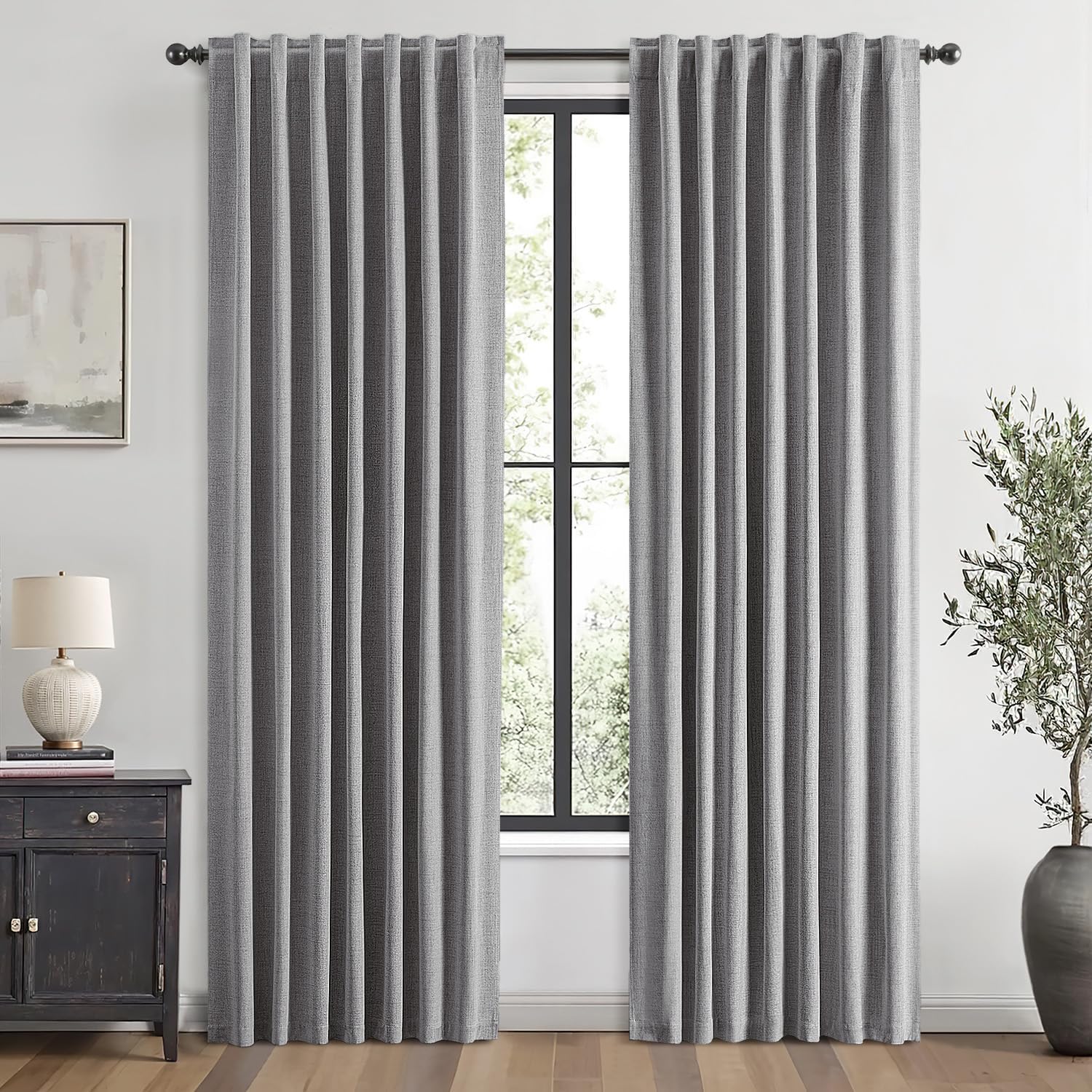 100% Blackout Linen Curtains for Bedroom, Ivory Solid Luxury Decor Thermal Insulation Room Darkening Drapes for Living Room Nursery Back Tab Rod Pocket 42 x 84 Inches, 2 Panels