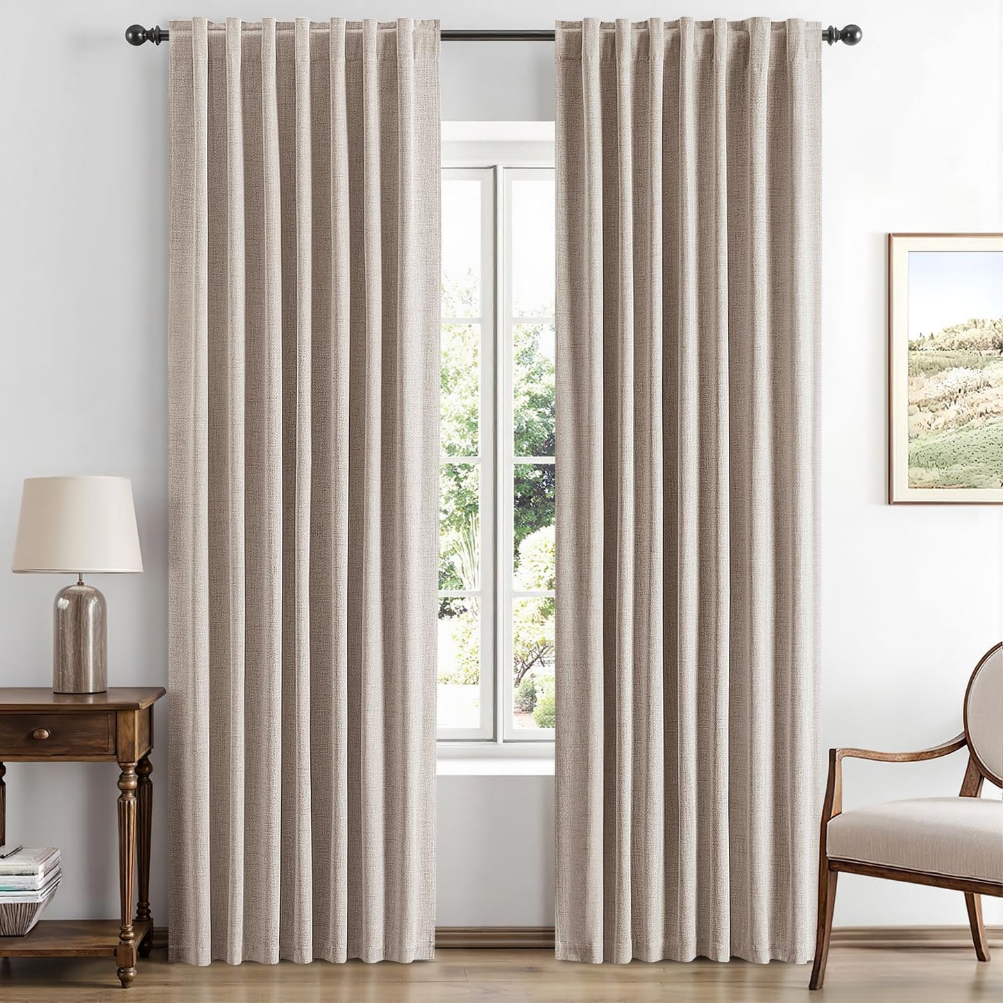 100% Blackout Linen Curtains for Bedroom, Ivory Solid Luxury Decor Thermal Insulation Room Darkening Drapes for Living Room Nursery Back Tab Rod Pocket 42 x 84 Inches, 2 Panels
