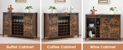 GAOMON Farmhouse Coffee Bar Cabinet 47", Buffet Cabinet with Sliding Barn Door, Coffee Bar with 4 Glass Hooks and 16 Wine Racks for Kitchen, Dining and Living Room, White
