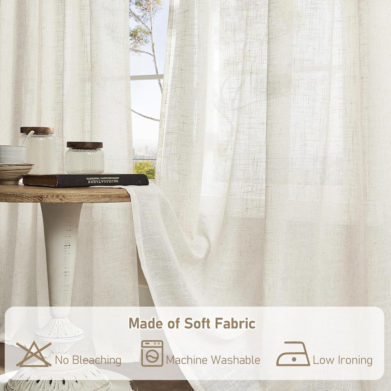 Natural Ivory Linen Semi Sheer Curtains 84 inch Length, Cream Light Filtering Soft Thick Neutral Living Room Drapes with Bronze Grommet for Bedroom/Farmhouse, 2 Panels, 52 x 84 Inch