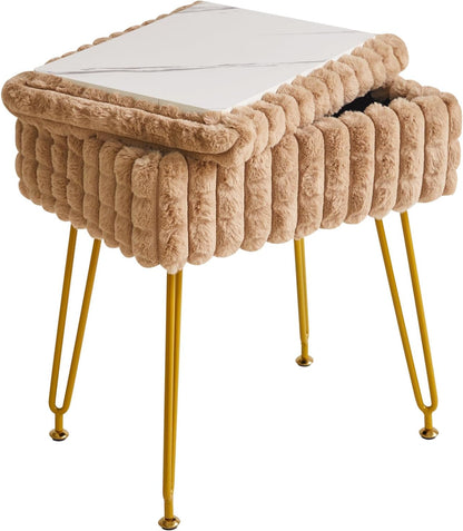 Rectangle Vanity Chair with Storage Space, Footrest Footstool Ottoman, Vanity Stool, Dressing Table Chair, with Anti-Slip Feet, for Makeup Room, Bedroom, Square Grid Pattern, White WBD004W