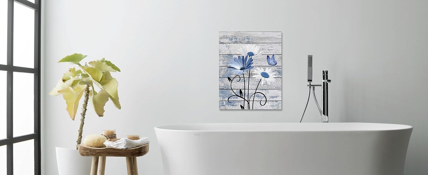 Farmhouse Floral Wall Art for Living Room, Blue and White Daisy Flower and Butterfly on Rustic Wood Board Canvas Wall Art Framed Artwork Ready to Hang for Bathroom Bedroom Decor, 16L X 12W