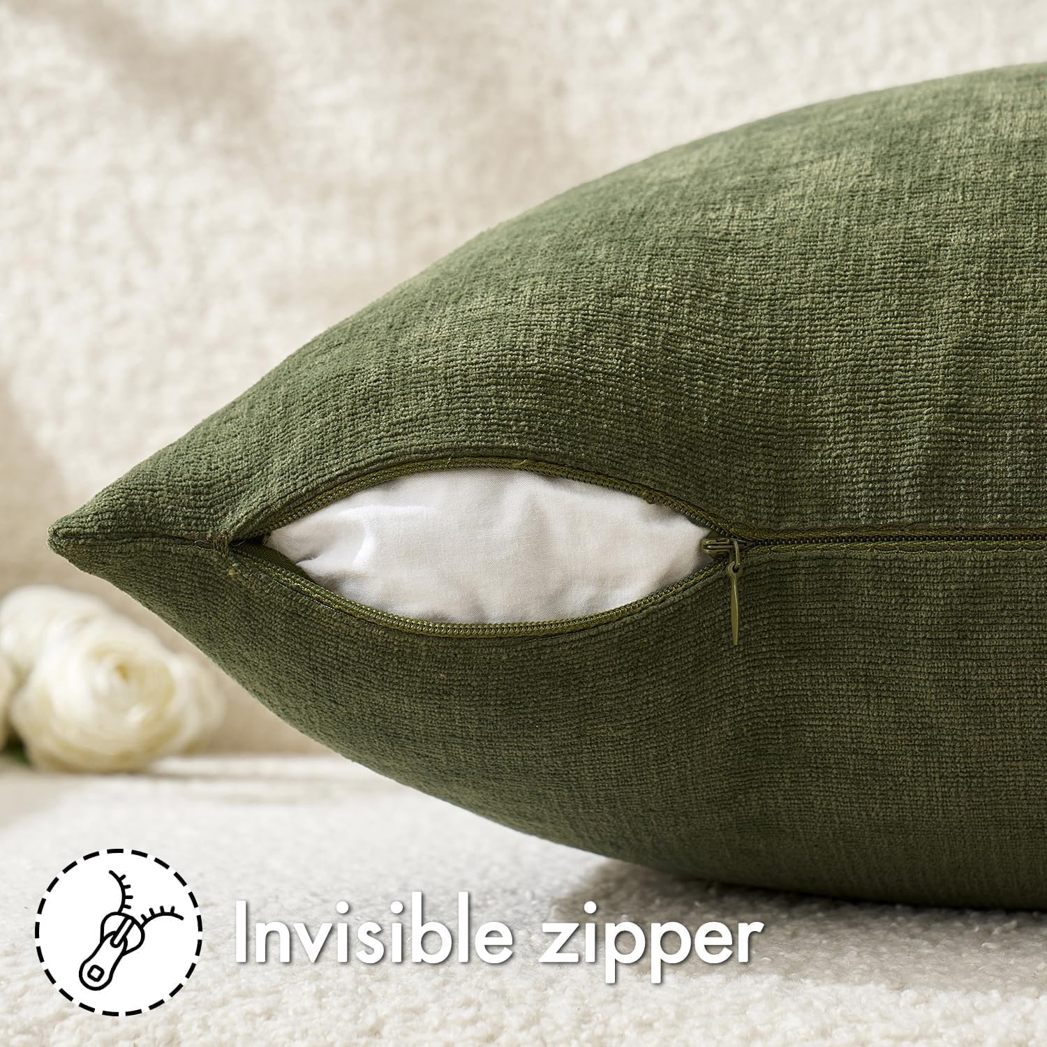 Olive Green Couch Pillow Covers 18x18 Inch, Set of 2 Soft Chenille Decorative Square Throw Pillow Covers Farmhouse for Sofa Living Room Bed
