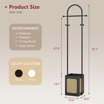 Coat Rack Stand with Wooden Base, Coat Tree Rattan Design, Coat Hanger Stand with 6 Hooks, Small Clothes Rack for Living Room, Bedroom, Office, Black