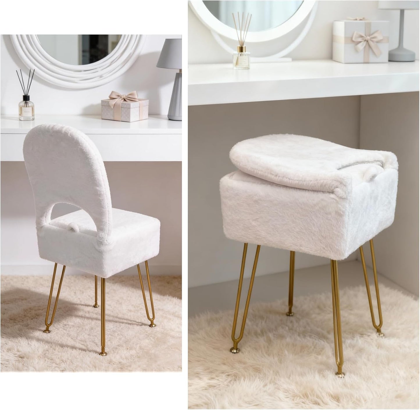 New Upgrade Small Vanity Chair with Storage and Folding Back, White Vanity Stool wiht Ergonomic Backrest and Metal Legs, Furry Padded Ottoman for Makeup Room, Bedroom