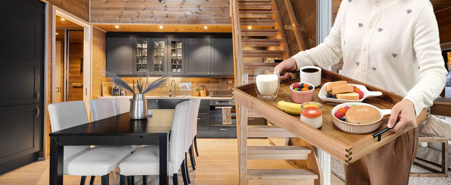 22 Inches Acacia Wood Serving Tray with Metal Handles, Large Wooden Rectangle Ottoman Tray, Decorative and Durable Design for Living Room Coffee Table Couch Kitchen