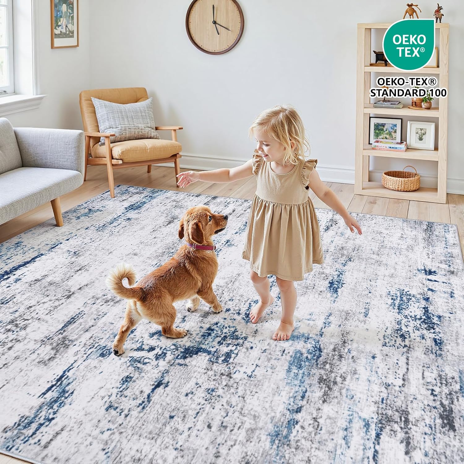 Area Rug Living Room Rugs: 5x7 Large Soft Indoor Carpet Modern Abstract Rug with Non Slip Rubber Backing for Under Dining Table Nursery Home Office Bedroom White Gray Blue