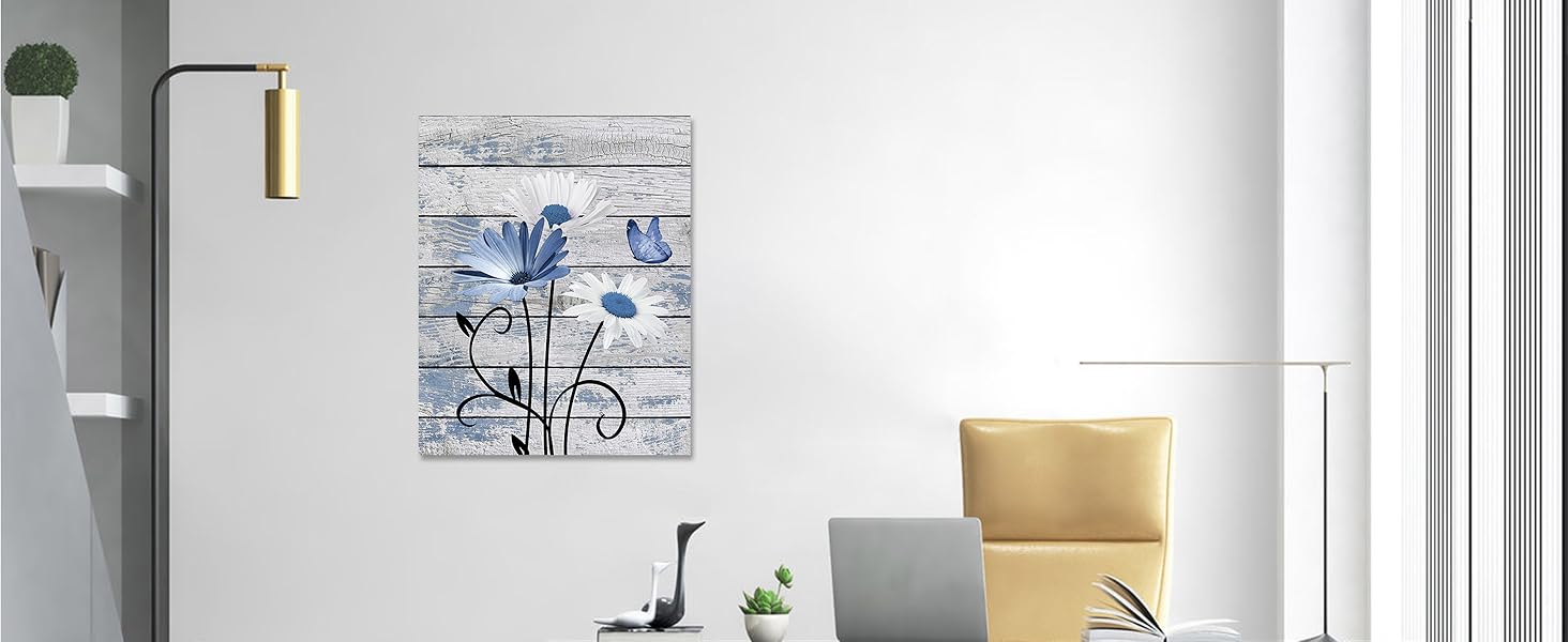 Farmhouse Floral Wall Art for Living Room, Blue and White Daisy Flower and Butterfly on Rustic Wood Board Canvas Wall Art Framed Artwork Ready to Hang for Bathroom Bedroom Decor, 16L X 12W