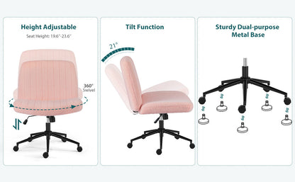 Criss Cross Chair with Wheels Wide Cross Legged Office Desk Vanity Chair Comfy Fabric Armless Adjustable Swivel for Home Computer Task Teddy Pink