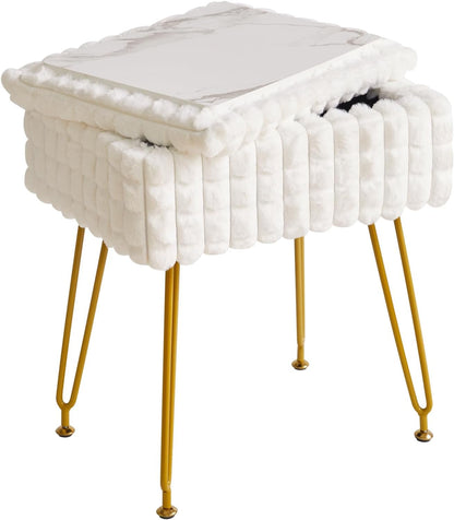 Rectangle Vanity Chair with Storage Space, Footrest Footstool Ottoman, Vanity Stool, Dressing Table Chair, with Anti-Slip Feet, for Makeup Room, Bedroom, Square Grid Pattern, White WBD004W
