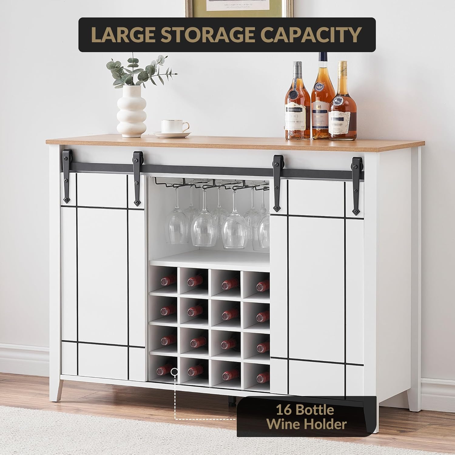 GAOMON Farmhouse Coffee Bar Cabinet 47", Buffet Cabinet with Sliding Barn Door, Coffee Bar with 4 Glass Hooks and 16 Wine Racks for Kitchen, Dining and Living Room, White