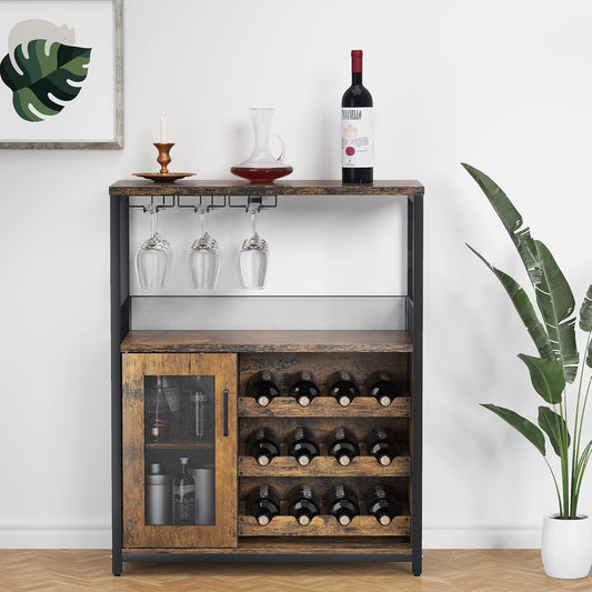 3-Tier Wine Bar Cabinet with Detachable Wine Rack and Storage Space, Buffet Cabinet with Glass Holder and Mesh Door, for Kitchen, Living Room and Bar .Rustic Brown.